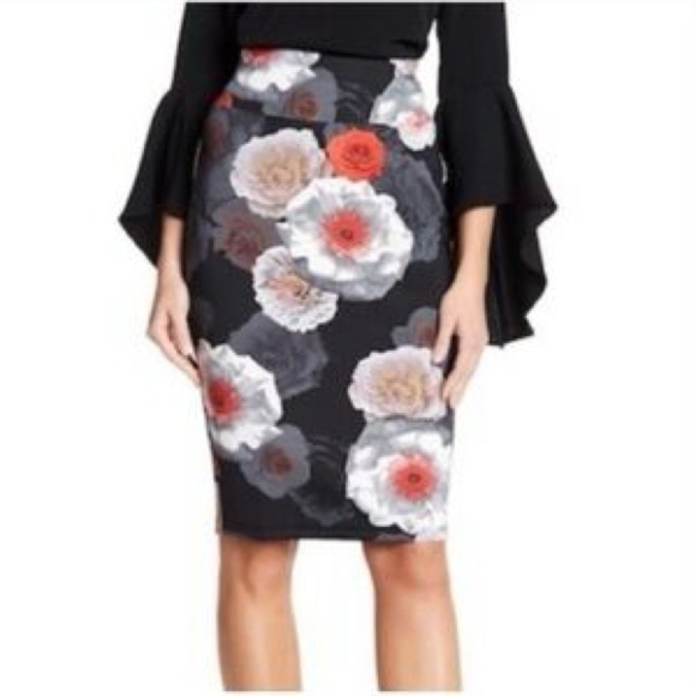 Catherine Meladrino Black Floral Pencil Skirt Size High Waist Pull On Size L